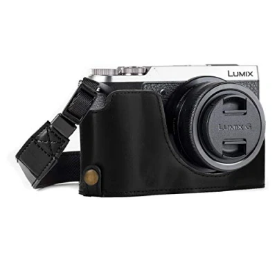 Abbildung von MegaGear MG972 Ever Ready Leder Kamera Halbtasche mit Trageriemen und Batteriezugang für,Panasonic Lumix DMC GX85, GX80 schwarz