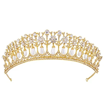Abbildung von Wedding Tiara, Vofler Bride Pearl Crown Gold Crystal Rhinestone Headband for Women Queen Ladies Flower Girls Bridal Birthday Pageant Prom Homecoming Halloween Princess Diana Costume Party