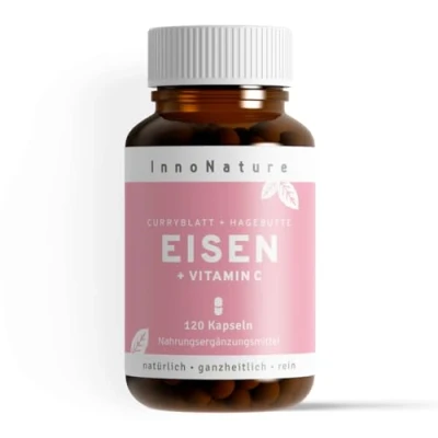 Abbildung von Natürliches Eisen + Vitamin C aus Curryblatt Extrakt und Hagebutte Extrakt. 14 28mg reines 80 160mg pro Tagesdosis.120 Kapseln im 2 4 Monatsvorrat. Vegan hergestellt in DE.