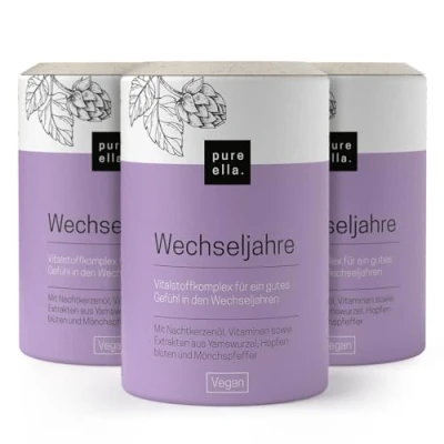Abbildung von Pure Ella Wechseljahre 3er Set Vitalstoffkomplex für Frauen bei Symptomen der Nachtkerzenöl, Yamswurzel und Mönchspfeffer Natürlich, Hormonfrei, Vegan 180 Menopause Kapseln