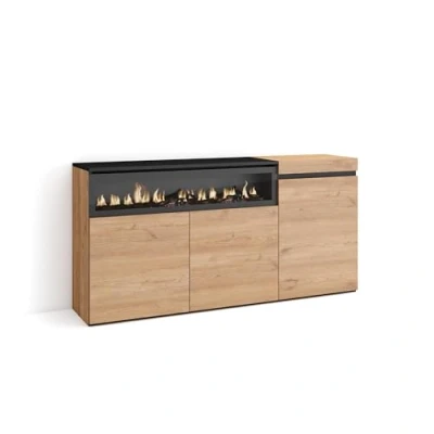 Abbildung von Skraut Home Sideboard, Highboard Kommode, Komodenschrank 150x75x35cm 3 Türen Elektrokamin. Maße Moderner Stil Eiche Schwarz