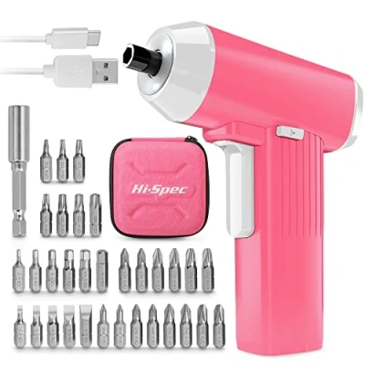 Abbildung von Hi Spec 3.6V USB Wiederaufladbarer Elektrischer Pinker Akkkuschrauber mit Kabel: Mini Akkuschrauber 33 Bit Größen Inklusive Praktischer Tasche