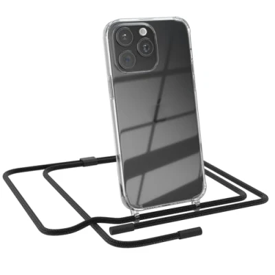 Abbildung von EAZY CASE Handykette kompatibel mit iPhone 15 Pro Max dünne Handyhülle für Hülle Band als Fallschutz Kette zum Umhängen transparente Silikon in Schwarz