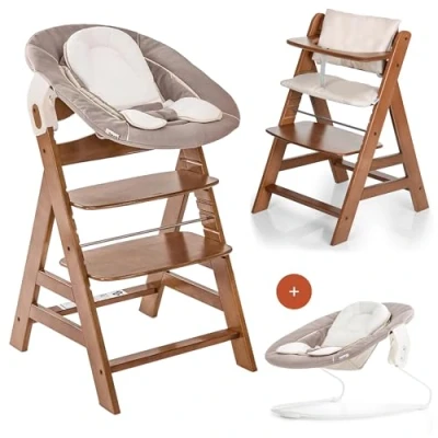 Abbildung von hauck Hochstuhl Alpha Plus Newborn Set mit 2in1 Bouncer Mitwachsender Holz Babyhochstuhl ab Geburt, inkl. Sitzauflage &amp; Neugeborenenaufsatz Walnuss