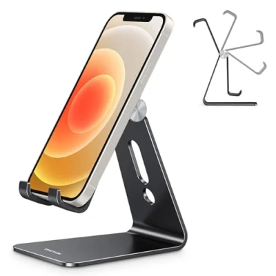 Abbildung von OMOTON Handy Ständer, Multi Winkel Verstellbarer Halter Büro, Aluminium Handyhalterung für Schreibtisch kompatibel mit iPhone 15 Pro/15/15 Pro Max/14/13 Pro/12, Schwarz