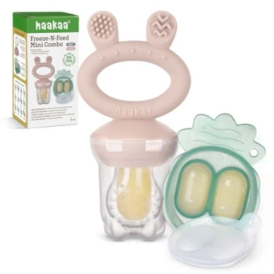 Abbildung von Haakaa Baby Fruchtzufuhr &amp; Mini Gefrierschrank Nibble Tablett Combo, Muttermilch Popsicle Formen für Kühlung Relief, BPA frei Silikon Feeder sichere Säugling Selbst Fütterung, 4M+(Blush)