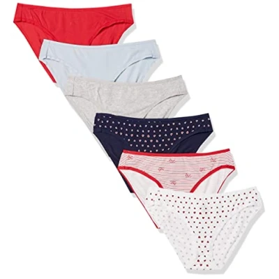 Abbildung von Amazon Essentials Damen Unterhose im Bikini Schnitt aus Baumwolle Auslauffarben, 6er Pack, Herzen/Mehrfarbig/Streifen, 42