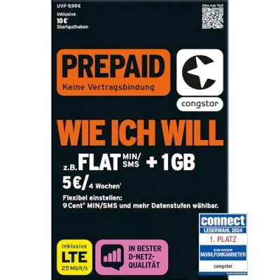 Abbildung von congstar Prepaid wie ich Will SIM Karte ohne Vertrag I Guthaben Wunschmix in D Netz Qualität frei wählen 1 15 GB &amp; 9 Ct. pro Min/SMS Flat alle 4 Wochen neu Mixen 10 EUR Startguthaben