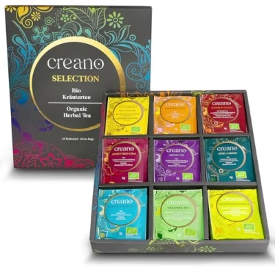 Abbildung von Creano Bio Kräutertee Geschenkset Grey „ORGANIC HERBAL TEA“ 45 Teebeutel in 9 unterschiedlichen Sorten 90g*