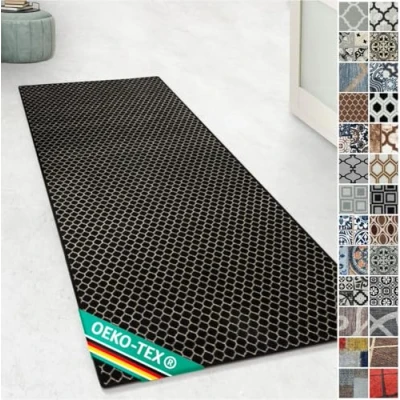 Abbildung von Floordirekt Teppichläufer mit Muster maßgefertigter Feinschlingen Teppich Läufer für Küche, Flur &amp; Wohnraum Ornament Vintage Orient Gitter (80 x 150 cm, Dundalk)