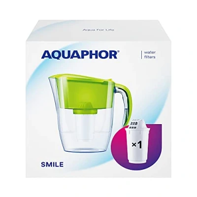 Abbildung von AQUAPHOR Wasserfilter Smile Hellgrün inkl. 1 A5 Filter mit Magnesium I Reduziert Kalk &amp; Chlor Karaffe für 2,9l Kompakter leichter WasserfiIter Tischwasserfilter Passt in die Kühlschranktür