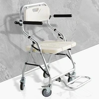 Abbildung von Duschstuhl mit Rollen für Senioren, Klappbar Armlehnen, Toilettenstuhl Senioren 150 kg, Vier Räder Bremsen + Verstaubare Pedale