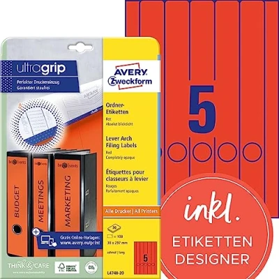 Abbildung von AVERY Zweckform L4748 20 Ordnerrücken Etiketten (100 Rückenschilder mit ultragrip, 38x297mm auf A4, schmal/lang, selbstklebend, absolut blickdicht, bedruckbare Ordneretiketten) Blatt, rot