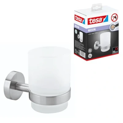 Abbildung von tesa Zahnputzbecher MOON Zahnputzbecherhalter ohne Bohren 9,5 cm : 6,7 10,7 cm, (Packung, 1 St), selbstklebender Zahnbürstenhalter Edelstahl silber matt