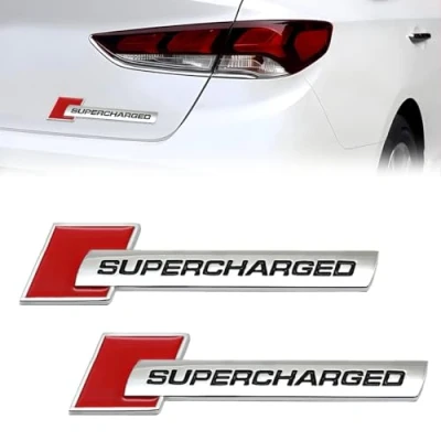 Abbildung von ZeNtoy 2pcs Metall Supercharged Logo Auto Emblem Premium Abzeichen Rückseite Kofferraum Aufkleber Seite Fender Aufkleber,Silber
