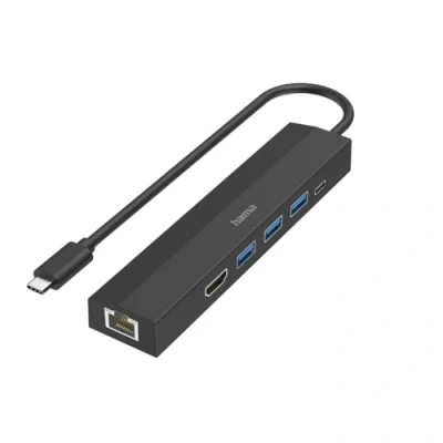 Abbildung von Hama USB C Multiport Hub für Laptop mit 6 Ports, A, C, HDMI, LAN Adapter zu RJ 45 (Ethernet), Typ 15 cm, Dockingstation, kompakt, schwarz
