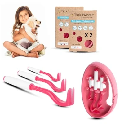 Abbildung von Zeckenzieher für Hunde, Katzen und Menschen (3 Stück) einfaches Entfernen, schnell ohne Schmerzen Zeckenzange mit Aufbewahrungsbox, ideal Reisen zu Hause (Rosa, 2 Sets)
