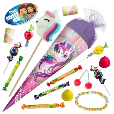 Abbildung von OYOY 22cm Schultüte gefüllt mit Süßigkeiten Mix I ROTH Einhorn kleine fertig Geschwister Kindergartentüte Zuckertüte Mädchen