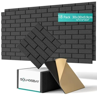 Abbildung von Soundsbay Akustikplatten selbstklebend 18 Stück, schalldämmung Schallschutz Wand hoher Dichte Ziegeltyp Schallschutzplatten für Akustische Behandlung und Wanddekoration 30x30x0.9cm (Schwarz)