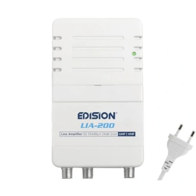Abbildung von EDISION LIA 200 Hausanschlussverstärker UHF/VHF, 12 24db, 104dBmV, Frequenzbereich 47 694Mhz, geeignet für Kabelfernsehen digital und Terrestrisch DVB T/T2, 5G LTE Filter, 1 Eingang, 2 Ausgänge