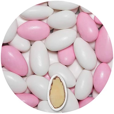 Abbildung von EinsSein® 1 Kg Hochzeitsmandeln Gracile MIX weiss &amp; rosa GLANZ ca 64 Gastgeschenke Hochzeit Taufmandeln Zuckermandeln Bonboniere Bonbons Koufeta Confetti Taufe Konfirmation organzasäckchen schoko