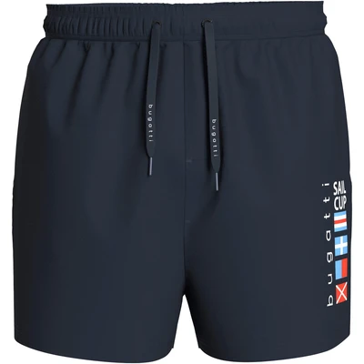 Abbildung von bugatti Badehose, mit Markenprägung an den Kordeln