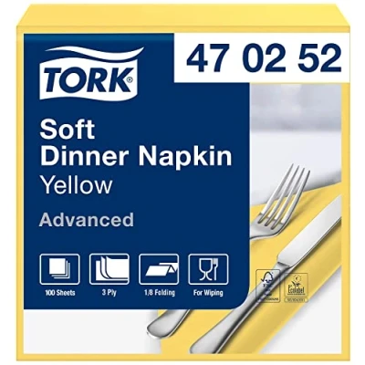 Abbildung von Tork 470252 Soft Dinnerservietten Gelb 1/8 Falz / 3 lagige Papierservietten Ideale Größe für ein Abendessen Advanced Qualität 12 x 100 (1200) vorgefaltete Servietten 39 cm (B L)