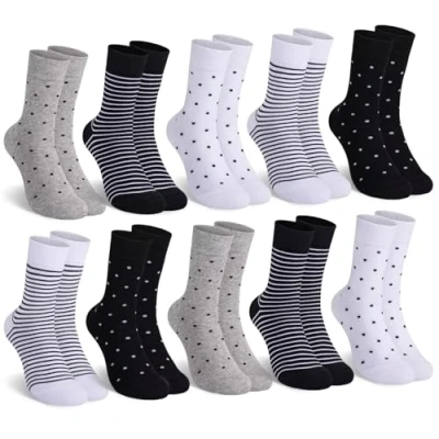 Abbildung von Mowenti socken damen 35 38 sportsocken strümpfe socks Damensocken bunte Schwarz Streifen Punkte baumwollsocken 10 Paar 2x Weiß 1xGrau