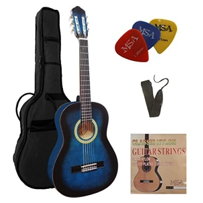 Abbildung von 1/2 GITARRE KONZERTGITARRE IM SET KINDERGITARRE CLASSIC BLAU SCHATTIERT DECKE LINDENHOLZ TASCHE BAND SAITEN 3xPIKS J2