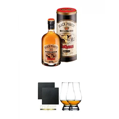 Abbildung von Rothaus Black Forest Single Malt Whisky 0,7 Liter + Schiefer Glasuntersetzer eckig ca. 9,5 cm Ø 2 Stück The Glencairn Glass Glas Stölzle