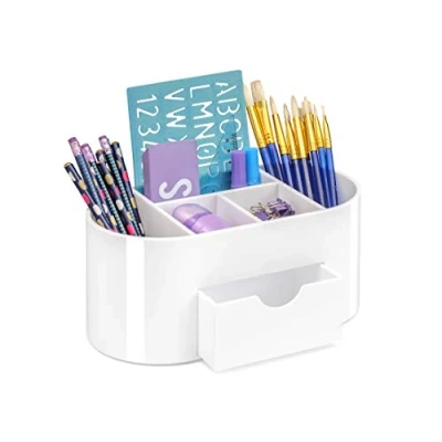 Abbildung von OSCO Hochglanz Kunststoff Schreibtisch Organizer mit Schublade Stifthalter Make up Behälter Bleistiftaufbewahrung 6 Fächer Kosmetik Display Schreibwaren Caddy