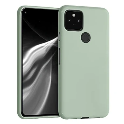 Abbildung von kwmobile Hülle kompatibel mit Google Pixel 5 weiches TPU Silikon Case Cover geeignet für kabelloses Laden Graugrün