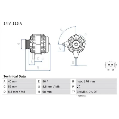 Abbildung von BOSCH 0 986 040 270 Lichtmaschine 14V 115A VOLVO: V70 I, 850 Kombi, C70 I Cabrio