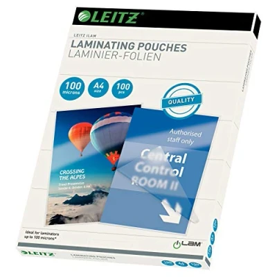 Abbildung von Leitz Heißlaminierfolien A4 100 mic, Hochwertige Laminierfolien im 100er Pack, mit abgerundeten Ecken, transparent, glänzend, für den Einsatz zu Hause oder Büro, 33826