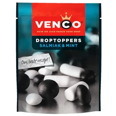 Abbildung von Venco Droptoppers Salmiak &amp; Mint 215g I Lakritz und Minz Mix Drops aus den Niederlanden Holländische Lakritze Drop Holland