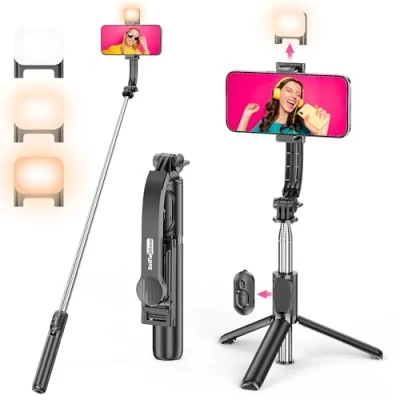 Abbildung von Selfie Stick Stativ mit Fülllicht, Erweiterbar 4 in 1 Stange Abnehmbarer Fernbedienung &amp; Handyhalterung Smartphone 360Drehbarer Tragbar Reisestativ Kompatibel für iPhone/Samsung