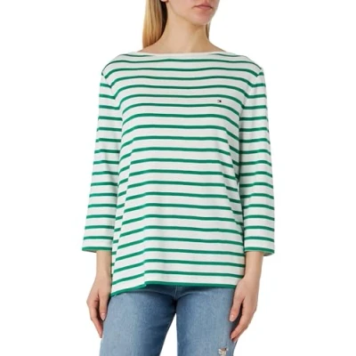 Abbildung von Tommy Hilfiger Curve NEW CODY SLIM Langarmshirt, Damen, Größe: 46, Breton ecru/olympic green