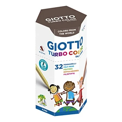 Abbildung von GIOTTO Turbocolor Skin Tones Dose mit 32 Stück (4 x 8 sortierte Farben), Fasermaler in Hautfarben, feine Spitze, Durchmesser Spitze 2,8 mm, Verpackung aus 100% recyceltem Karton