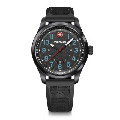 Abbildung von WENGER Herren Armbanduhr Terragraph, Ø 43 mm, Swiss Made, Analog Quarz, Wasserdicht bis 100 m, Silikon Armband, Schwarz, 01.0541.127
