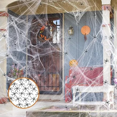 Abbildung von AHYDFSR Halloween Deko Set, Spinnenweben, 400g Dehnbare Spinnennetze &amp; 80 Künstliche Spinnen, weißen Spinnenweben für Halloweenparty Dekoration von Tisch,Haus und Garten