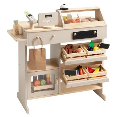 Abbildung von howa Kaufladen Holz Kaufmannsladen mit 40 teiligem Zubehör, Spielkasse Spielzeugkartenleser, Tafel für Kreide, Vitrine, Natur beige 47559