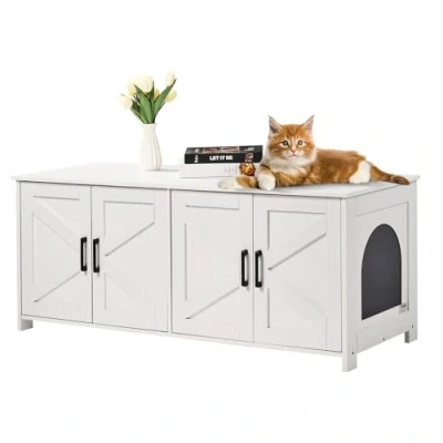 Abbildung von VEVOR Katzenschrank, Katzenklo Schrank versteckt mit Doppelräumen, Katzentoilettenschrank aus Holz, passend für die meisten Katzentoiletten, 1,19 m L x 0,46 B 0,5 H, weiß