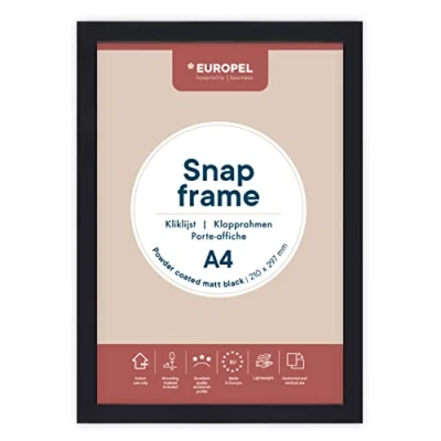 Abbildung von EUROPEL leichte Klapprahmen DIN A4 mattschwarz pulverbeschichtet, Easy Click System, Profil 25x11 mm, eloxierte Aluminium und blendfreie Schutzfolie, Außenmaß 451x625 grau Polystyrol Rückseite