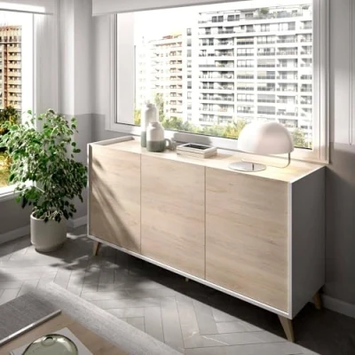 Abbildung von Dmora Avez Wohnzimmer, modernes Sideboard mit 3 Türen, 155 x 43 75 cm, Technisches Holz, Eiche und Weiß