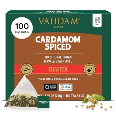 Abbildung von VAHDAM, Kardamom Masala Chai Tee (100 Pyramiden Teebeutel) 100% Natürliche, Zerstoßener Mit Gartenfrischem Schwarztee Indiens Original Teemischung
