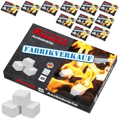 Abbildung von FLAMMBURO 756 Stück Anzündwürfel Paraffin (12 x 48 Würfel) vom Deutschen Hersteller, Grillanzünder, Kaminanzünder, Ofenanzünder, Würfel, Anzündwolle, Made in Germany 12 Schachteln Würfel