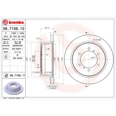 Abbildung von BREMBO COATED DISC LINE 08.7106.11 Bremsscheibe 315 18 6 voll beschichtet MITSUBISHI: Pajero 2, Sport 1 SUV, L400 / Space Gear Bus