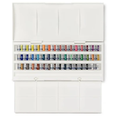 Abbildung von Winsor &amp; Newton 0390471 Cotman Half Pan Studio Aquarellfarben Set, lebendige Wasserfarben mit hoher Lichtechtheit, große Farbauswahl, Alterungsbeständig 45 halbe Näpfe, Mischpalette, Pinsel