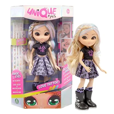 Abbildung von Unique Eyes Love Tatoo Rebecca trägt modische Kleidung und in der Packung finden Sie die bunten Tattoos für trendige Mädchen, Kinder ab 3 Jahren, Mym32400, wertvolle Spiele