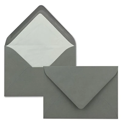 Abbildung von 75 Briefumschläge in Grahit mit weißem Innenfutter Kuverts DIN B6 Format 12,5 x 17,6 cm Seidenfutter Nassklebung